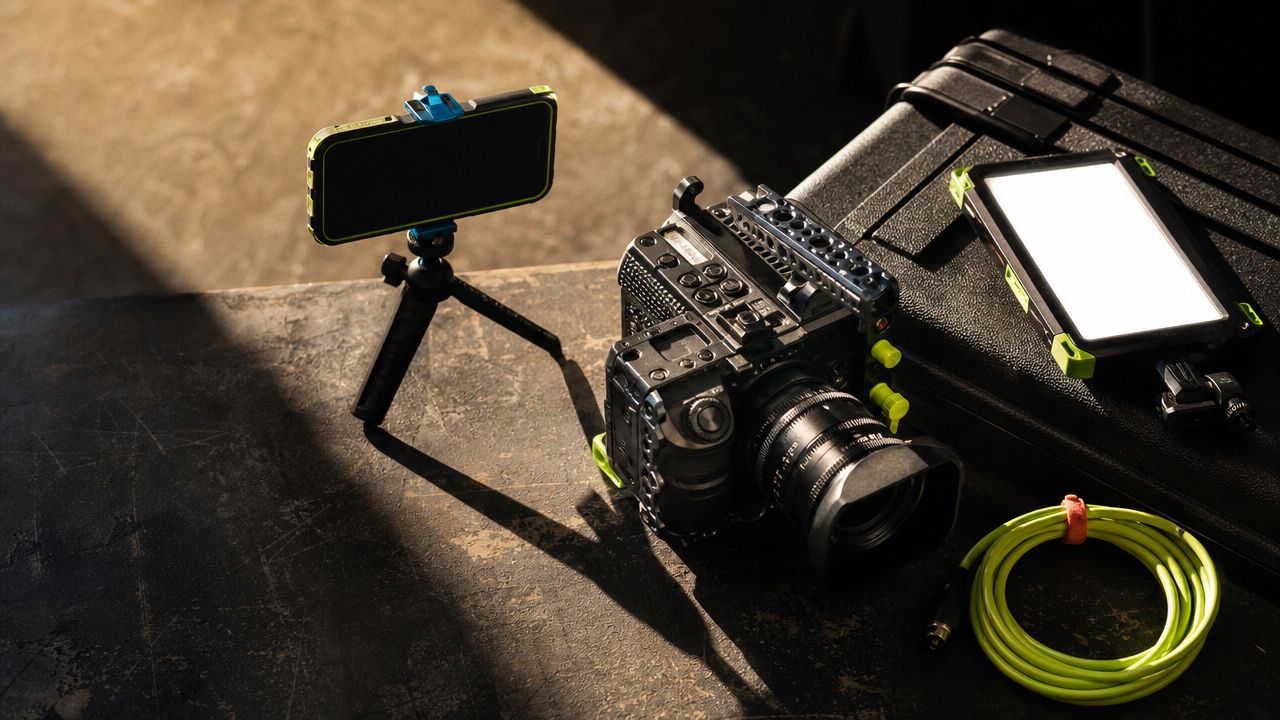 Professional camera and content production equipment on a worktable