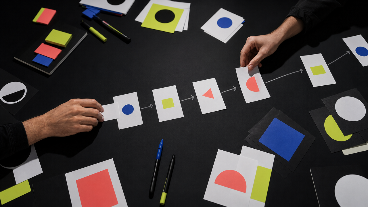 Hands arranging a customer journey using bold colored cards